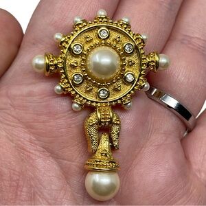 Vintage Henkel & Grosse Gold Tone Rhinestone Faux Pearl Brooch/Necklace Pendant